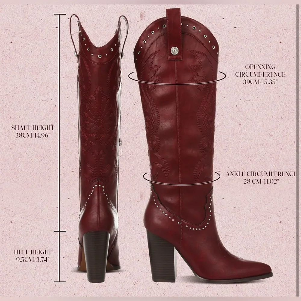 VOMIRA Knee High Cowboy Boots Pointed Toe Chunky Western Wide Calf Cowgirl Boots - Picture 3 of 16